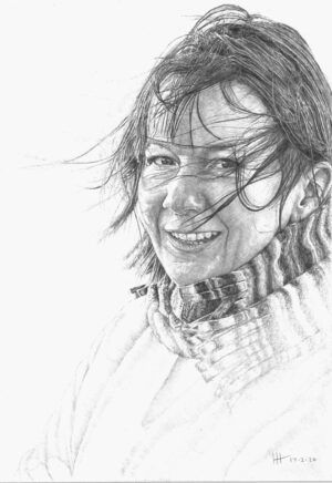 Pencil portrait of a smiling woman with windswept hair