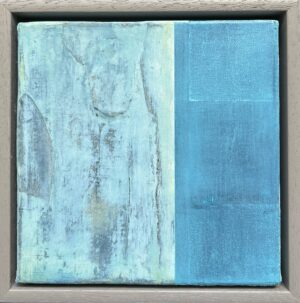 This work is a mixed media collage in a range of blues, exploring layering and referencing a stony landscape.